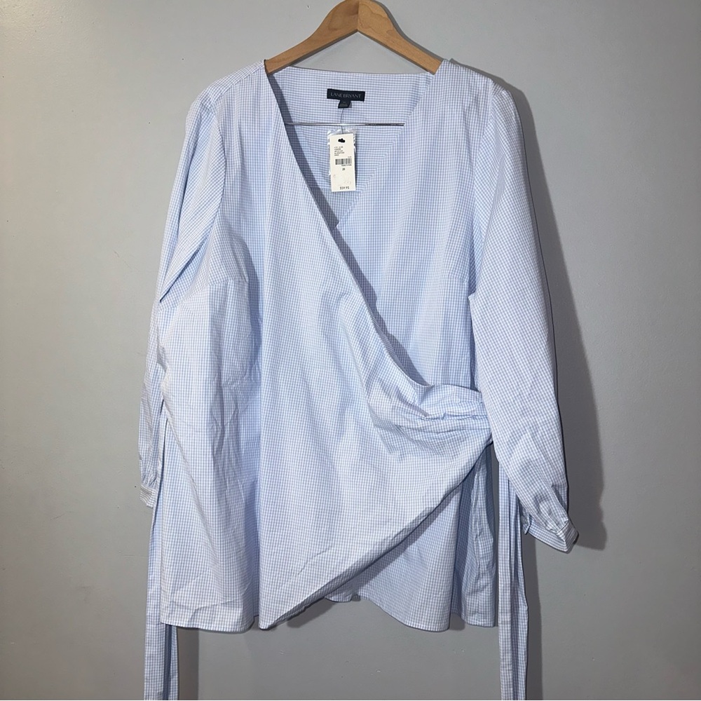 Lane Bryant Women Top Size 20 Blue V Neck White Check Wrap Around Waist Tie Long